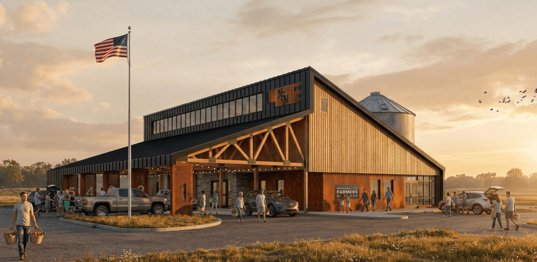 The NFN Farmers Market storefront at golden hour — a cedar-and-steel barn with shoppers carrying baskets of fresh produce